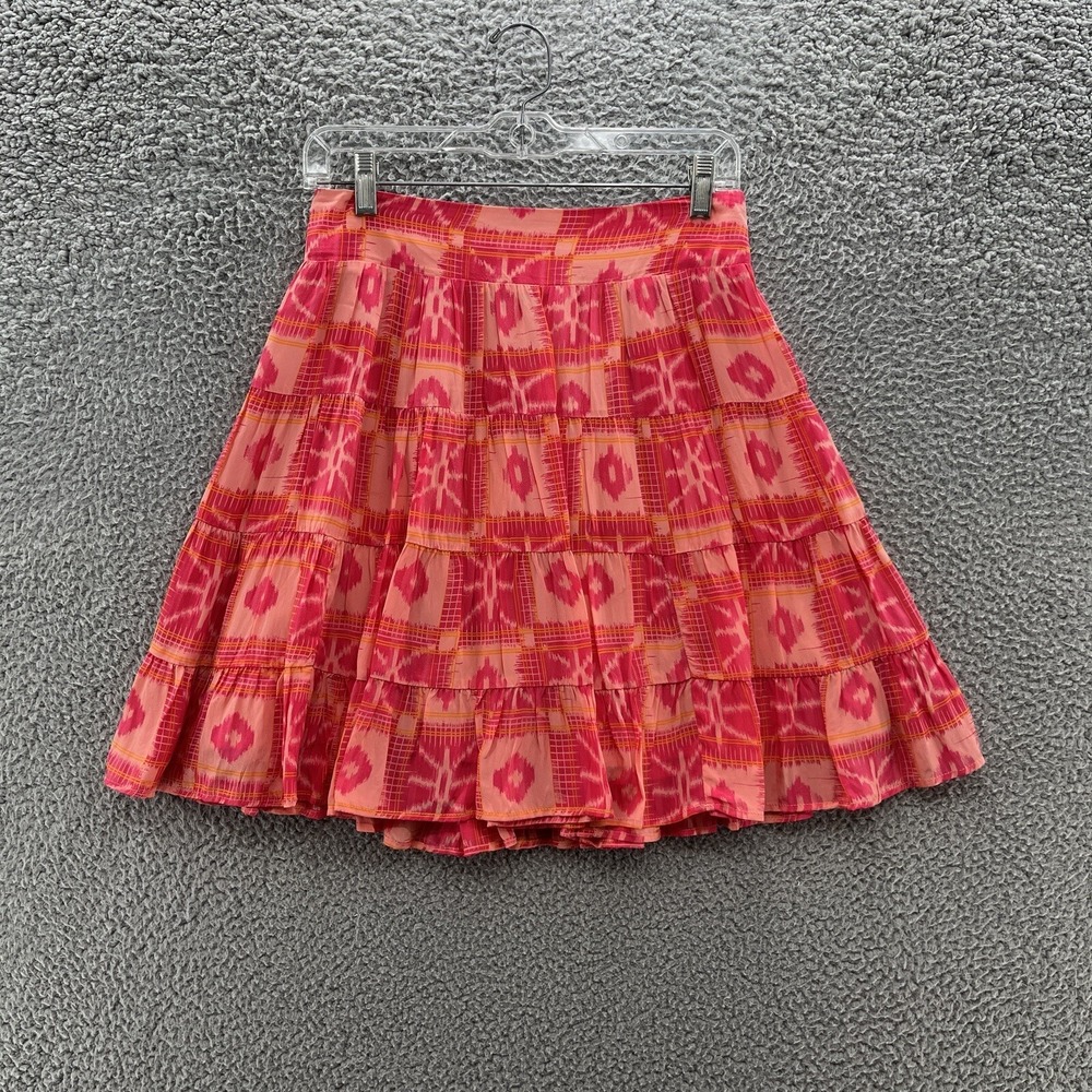 Anthropologie Skirt Women Small‎ Orange Pink Geo Print Twill Ruffle Flare Mini